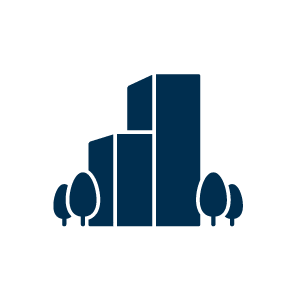 Pictogram stedelijke ontwikkeling met gebouwen en bomen