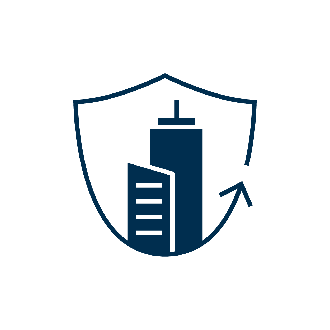icon with buildings surrounded by a shield