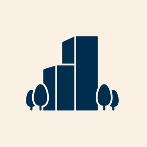 Pictogram stedelijke ontwikkeling met gebouwen en bomen