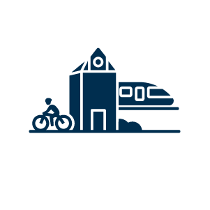 Icoon dat stedelijke mobiliteit met fiets en trein voorstelt