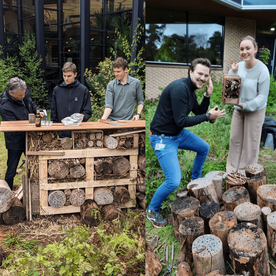 Vijf mensen in een houtwerkplaats.