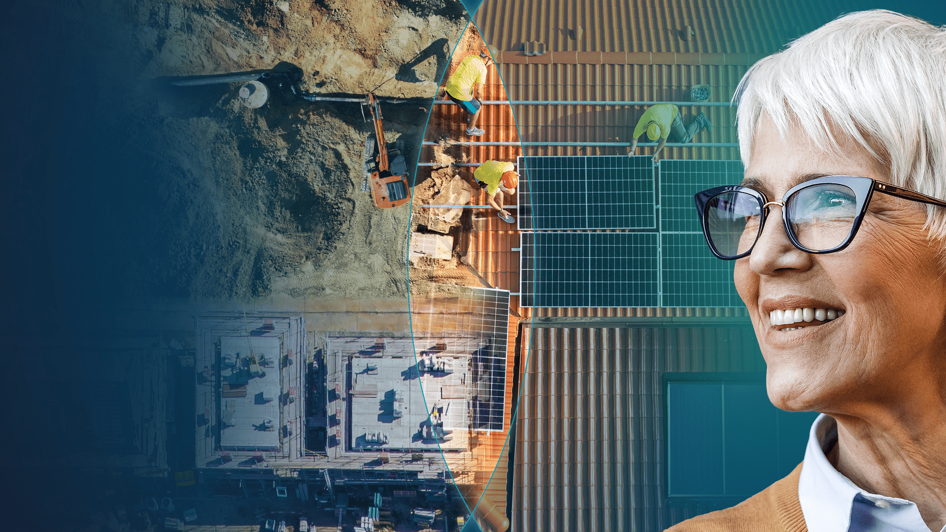 Een visual met een vrouw met grijs haar en een bril en een energie infrastructuur