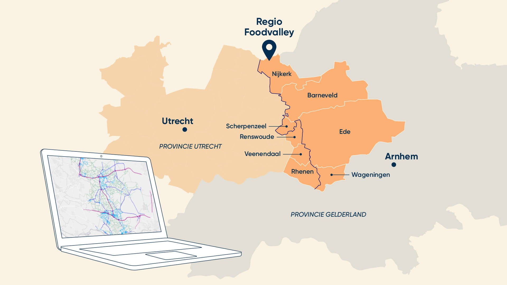 Kaart regio foodvalley met laptop verkeersmodel
