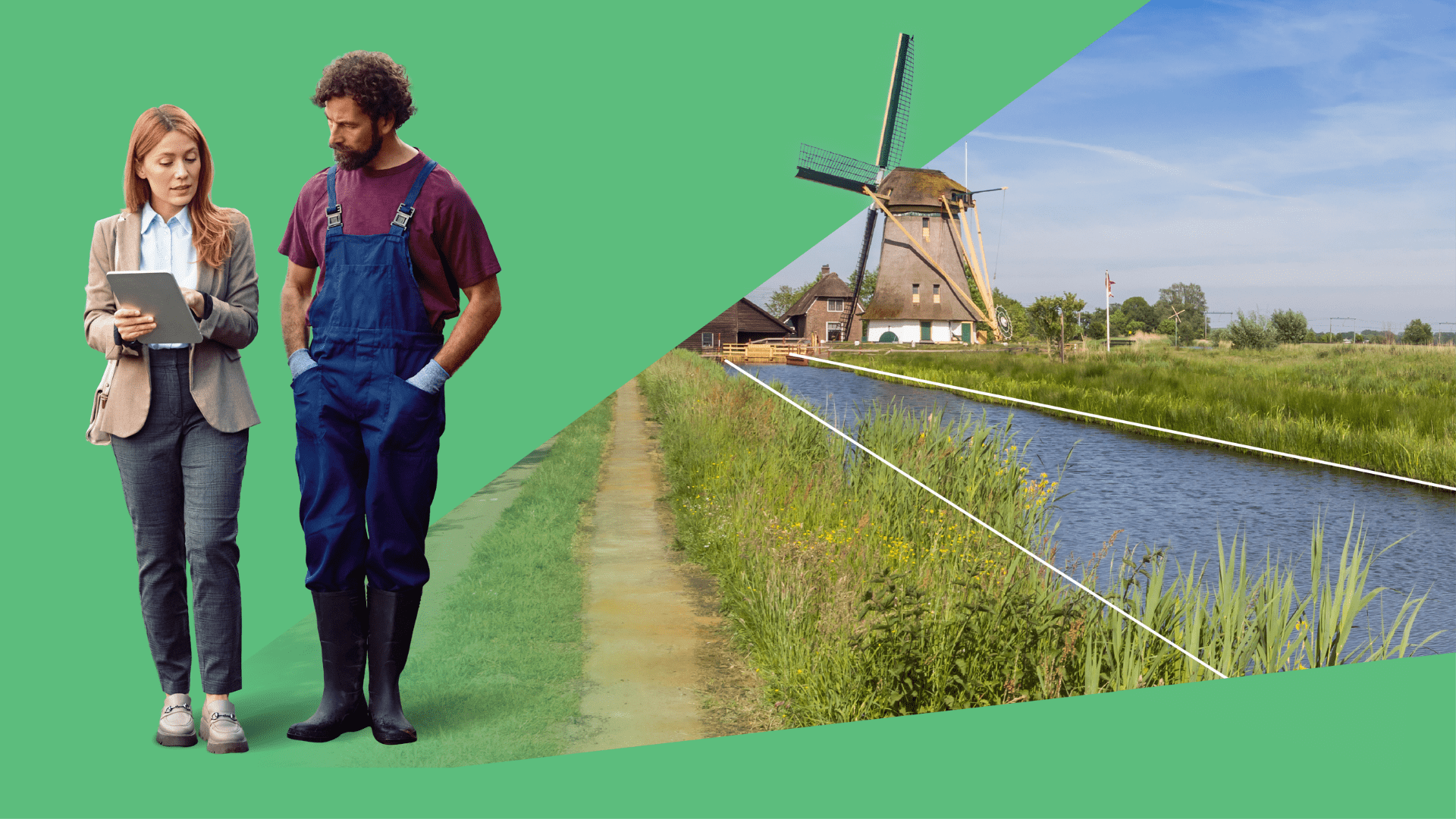 Afbeelding van een een brede sloot met daar aan een molen en pad met twee mensen die lopend overleggen
