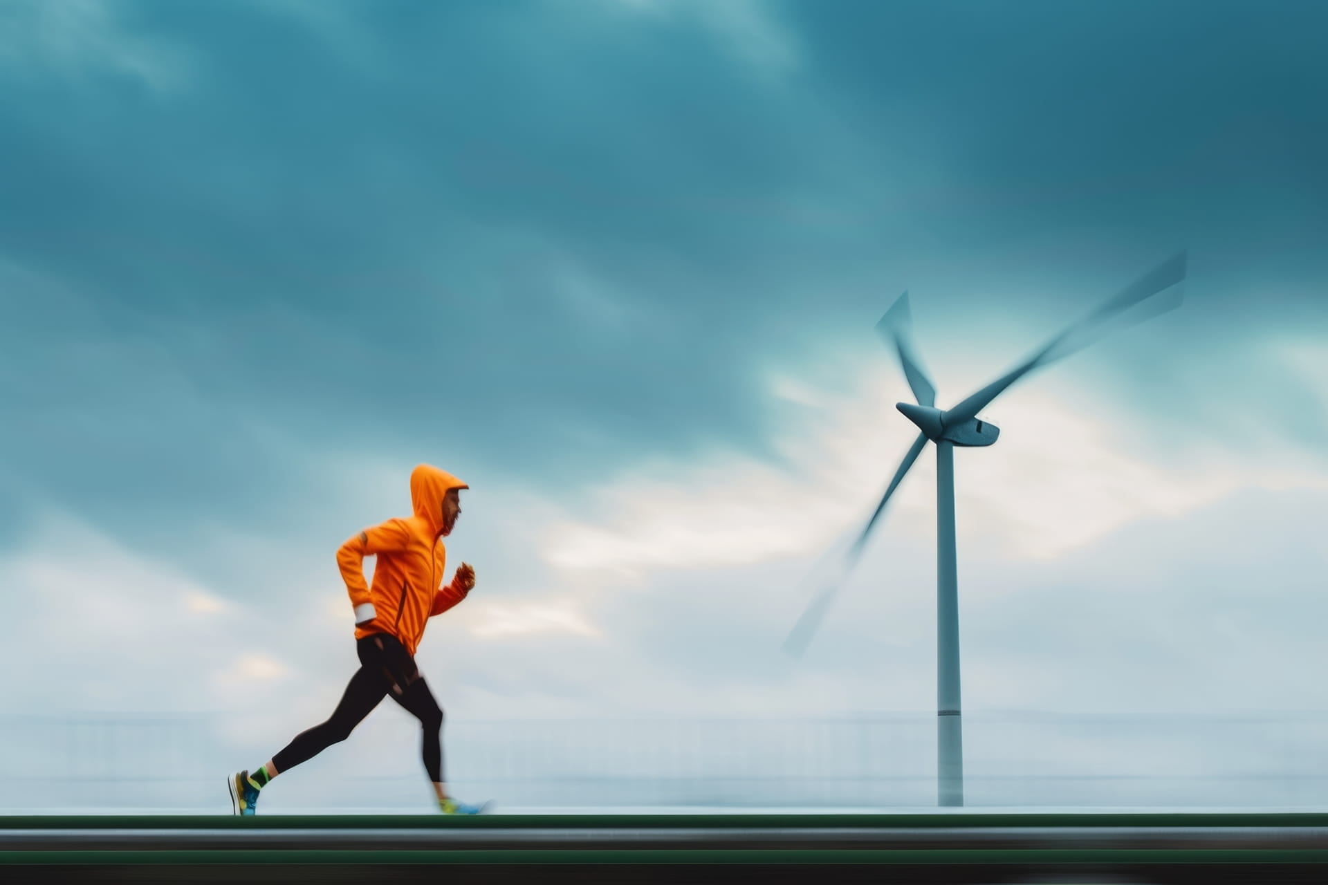 Persoon aan het joggen op dijk met windmolen