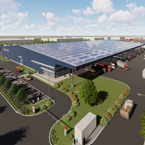 Groene fabriek, duurzame productie, luchtfoto van toekomstige fabriek