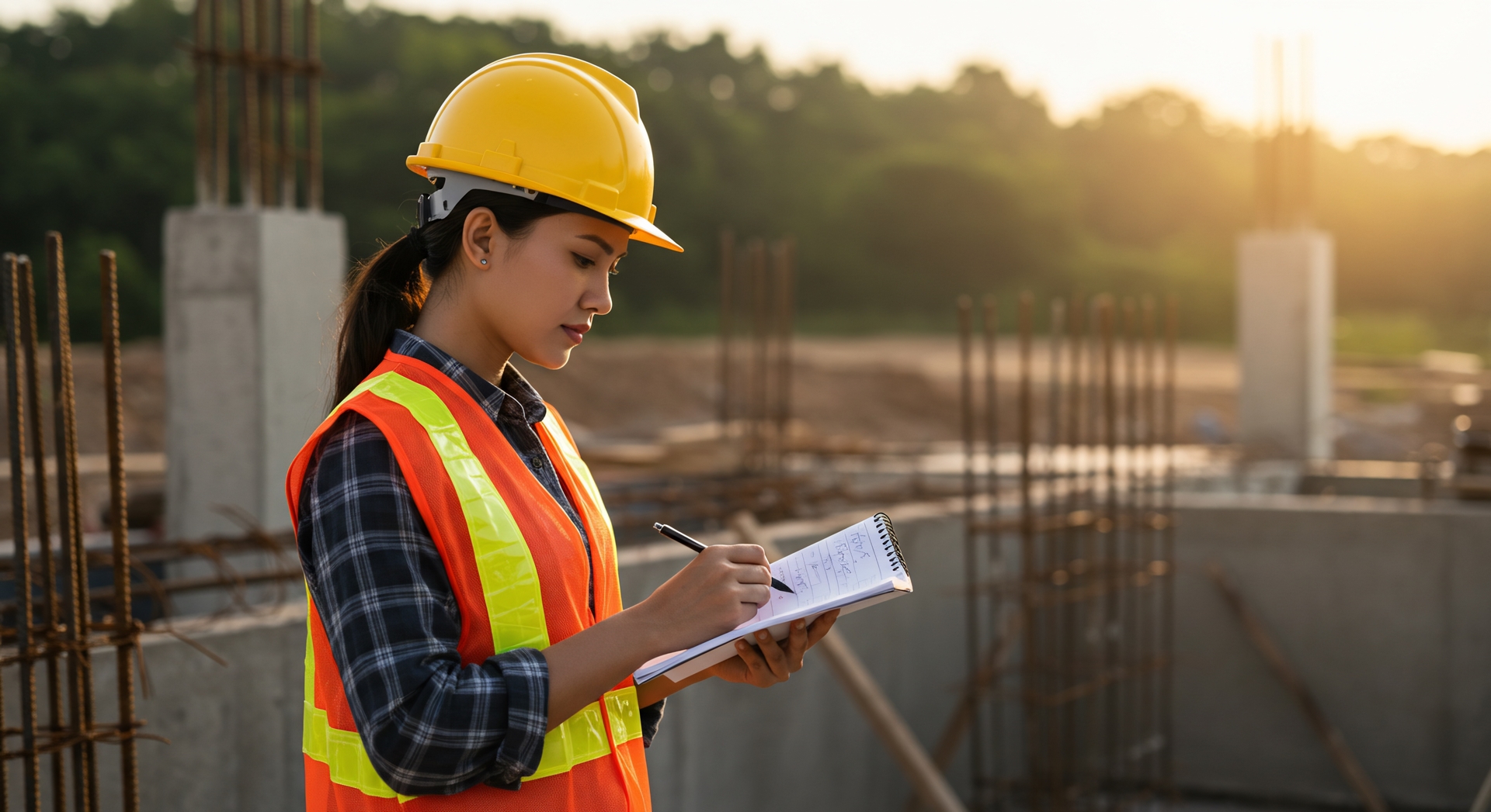 Vrouw inspecteert een bouwplaats