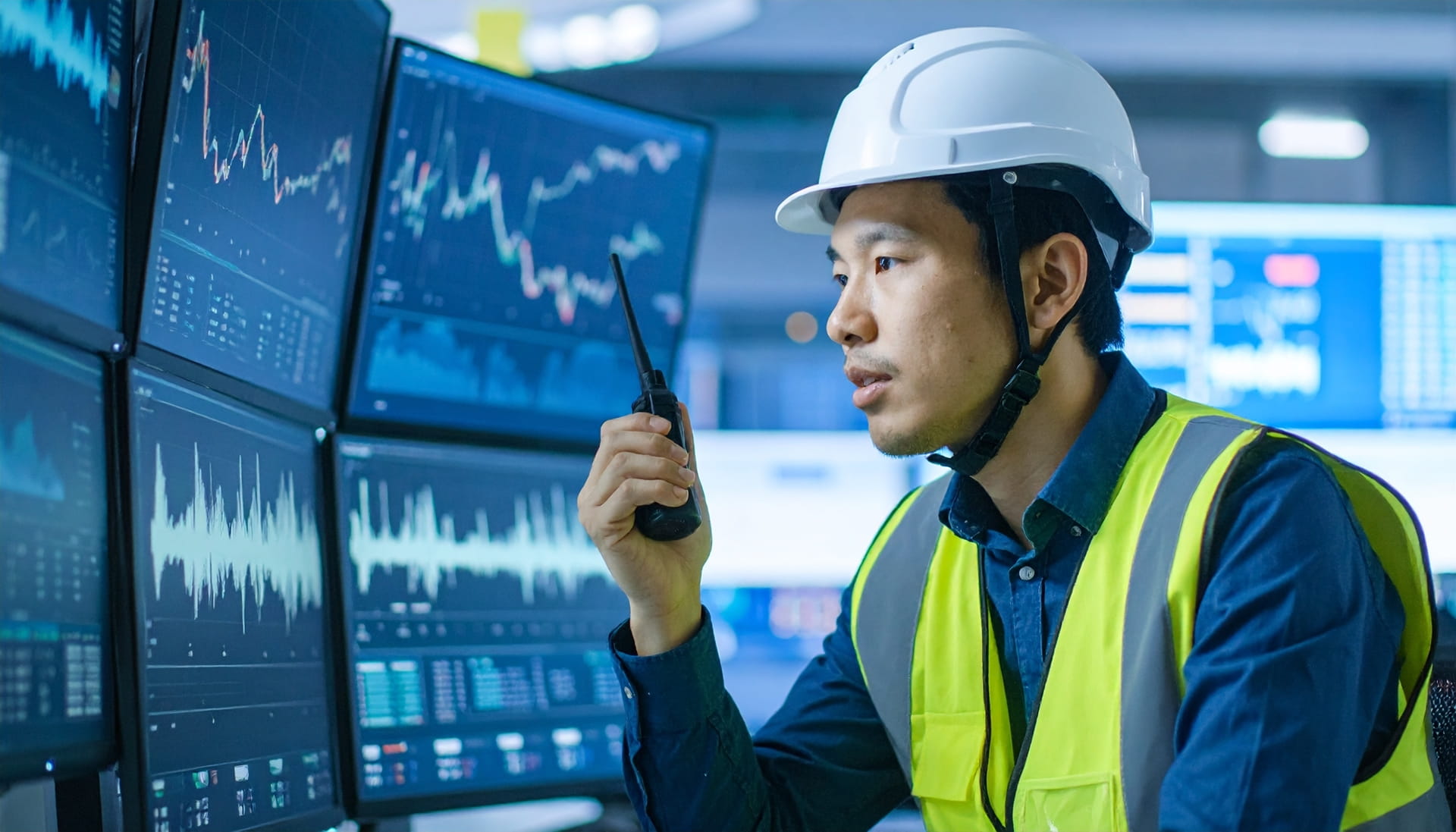 Man achter meerdere beeldschermen