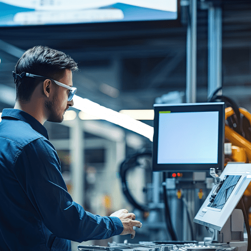 Een man in een fabriek van de toekomst werkt aan de logistiek van de toeleveringsketen.