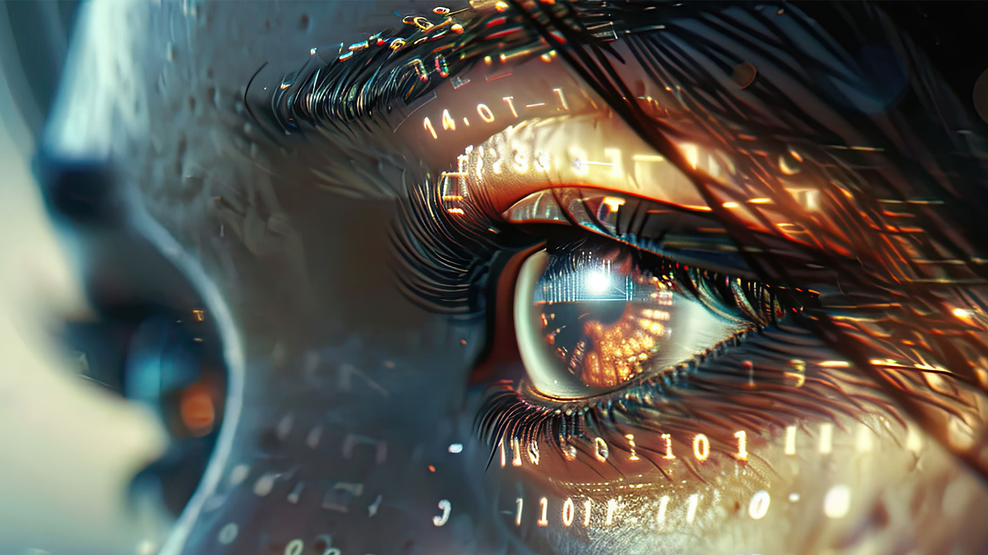 Een gezicht met lichtgevende letters over het gezicht