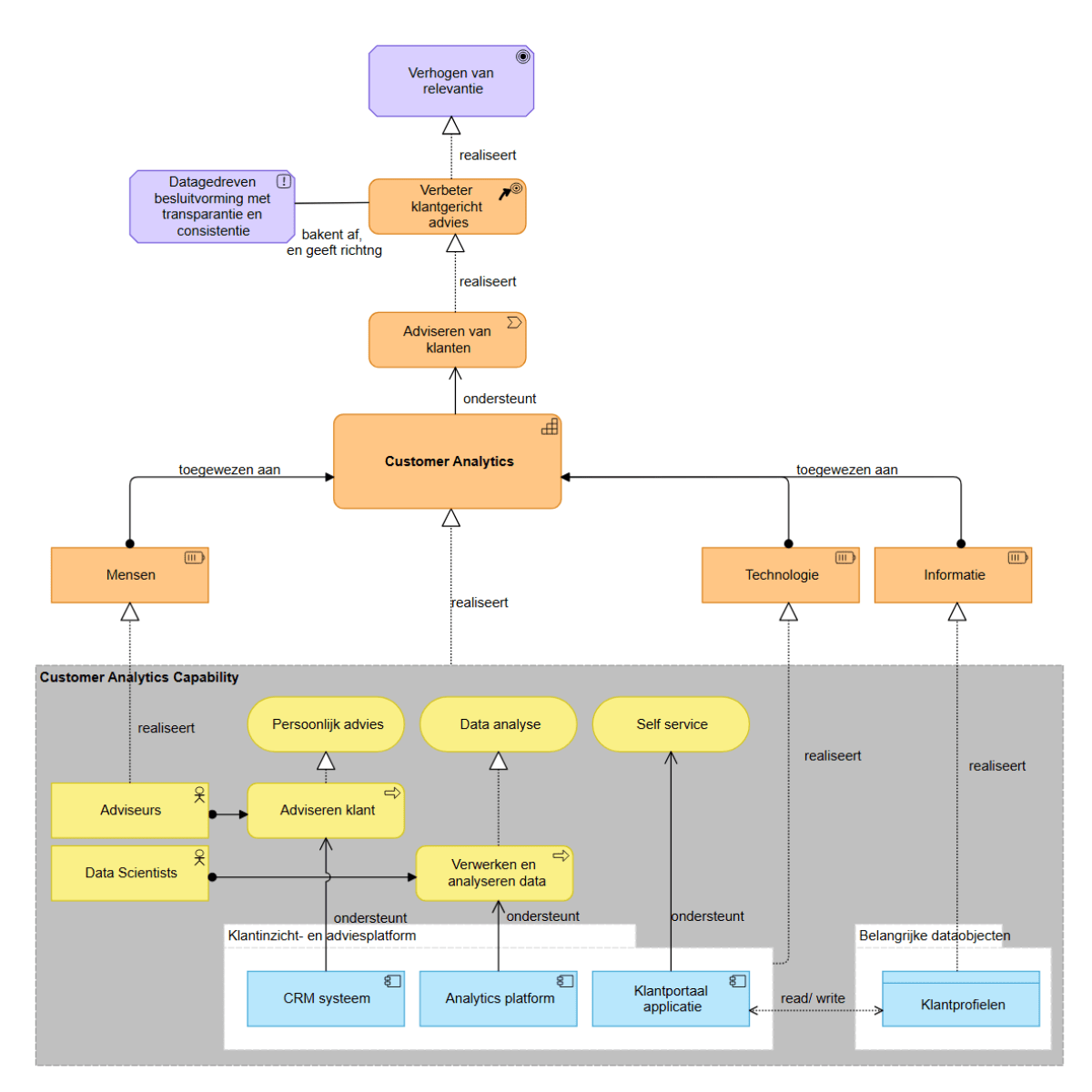 Diagram van de customer analytics capability die laat zien hoe data‑analyse en systemen klantadvies en relevantie ondersteunen.