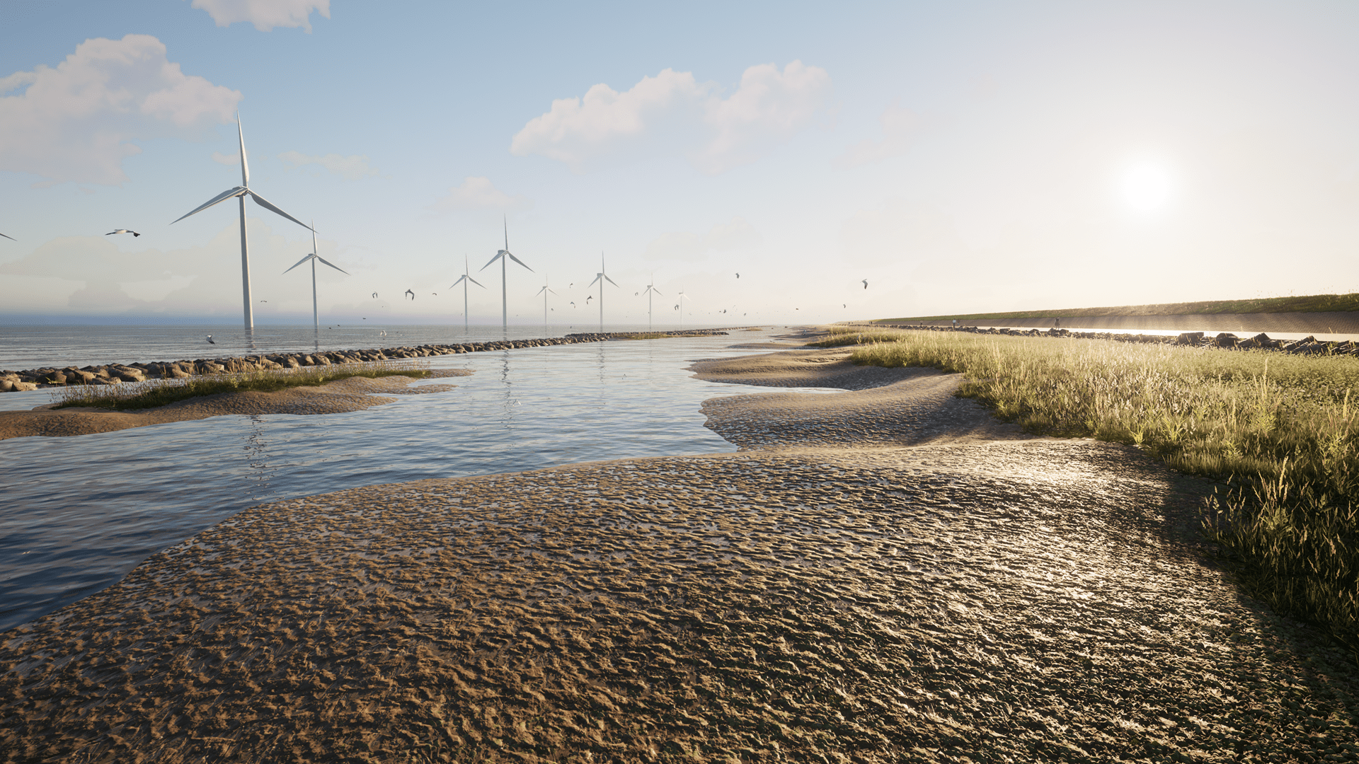 Kustlandschap met groene infrastructuur en duurzame infrastructuur, waar windturbines langs een waterkering bijdragen aan een lage MKI‑score door materiaalreductie en hergebruik van materialen