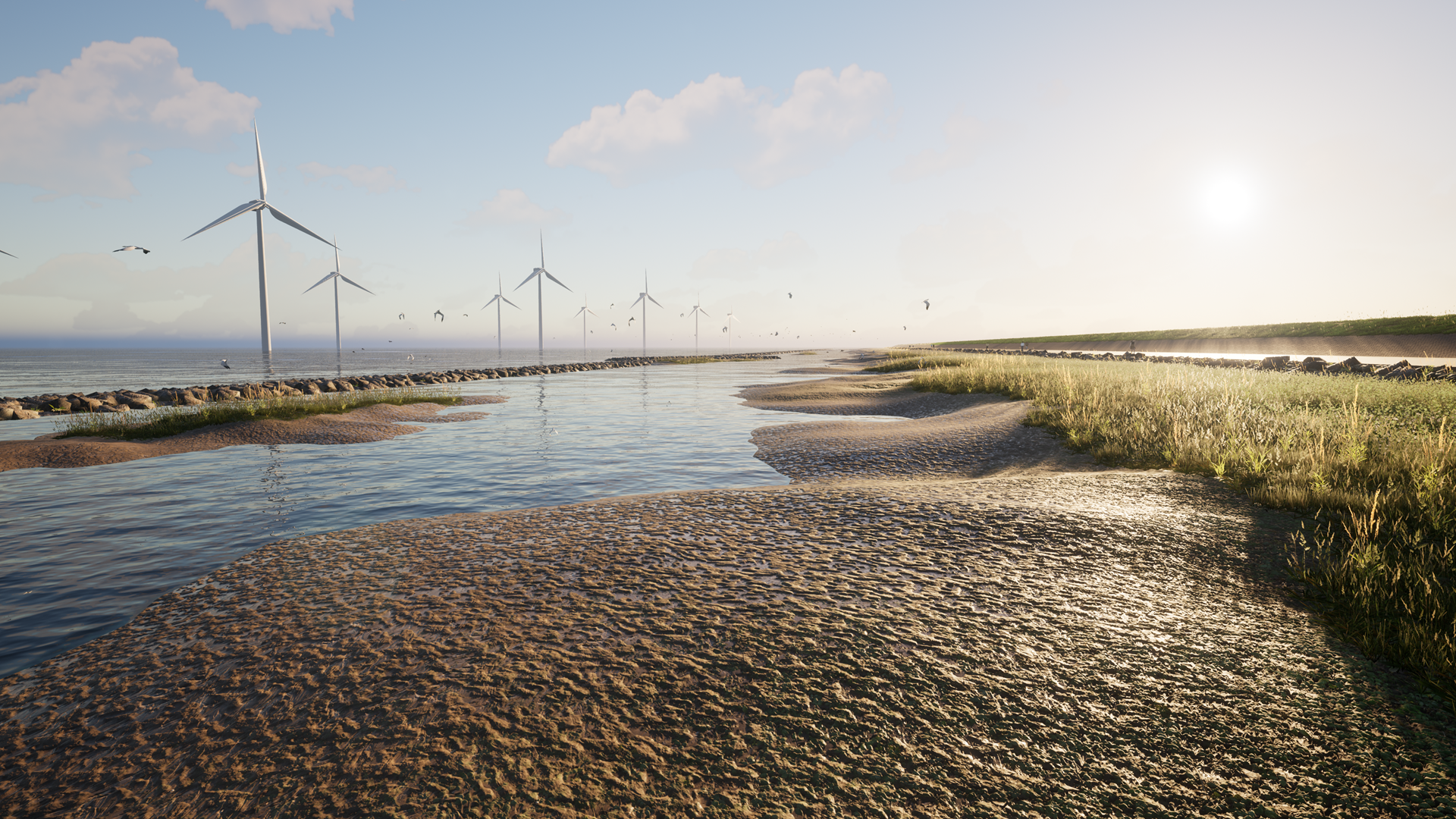 Kustlandschap met groene infrastructuur en duurzame infrastructuur, waar windturbines langs een waterkering bijdragen aan een lage MKI‑score door materiaalreductie en hergebruik van materialen