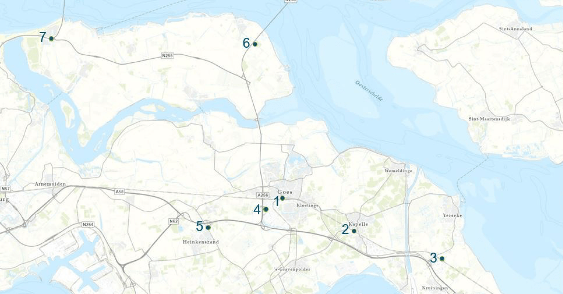 Kaart van Zeeland met locaties voor hubs