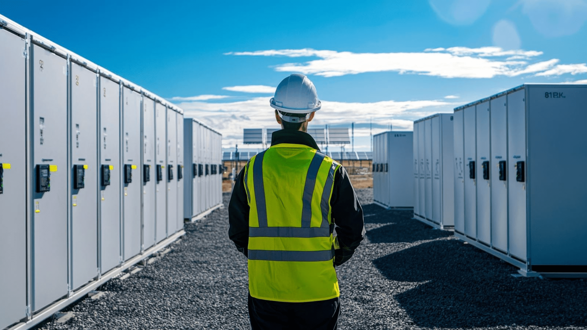 Foto van opslag van energie met iemand ervoor die eraan werkt