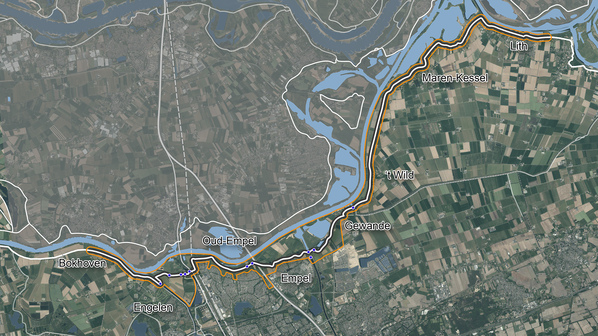 De dijkverbetering vindt plaats langs de zuidoever van de Maas, tussen Lith en Bokhoven