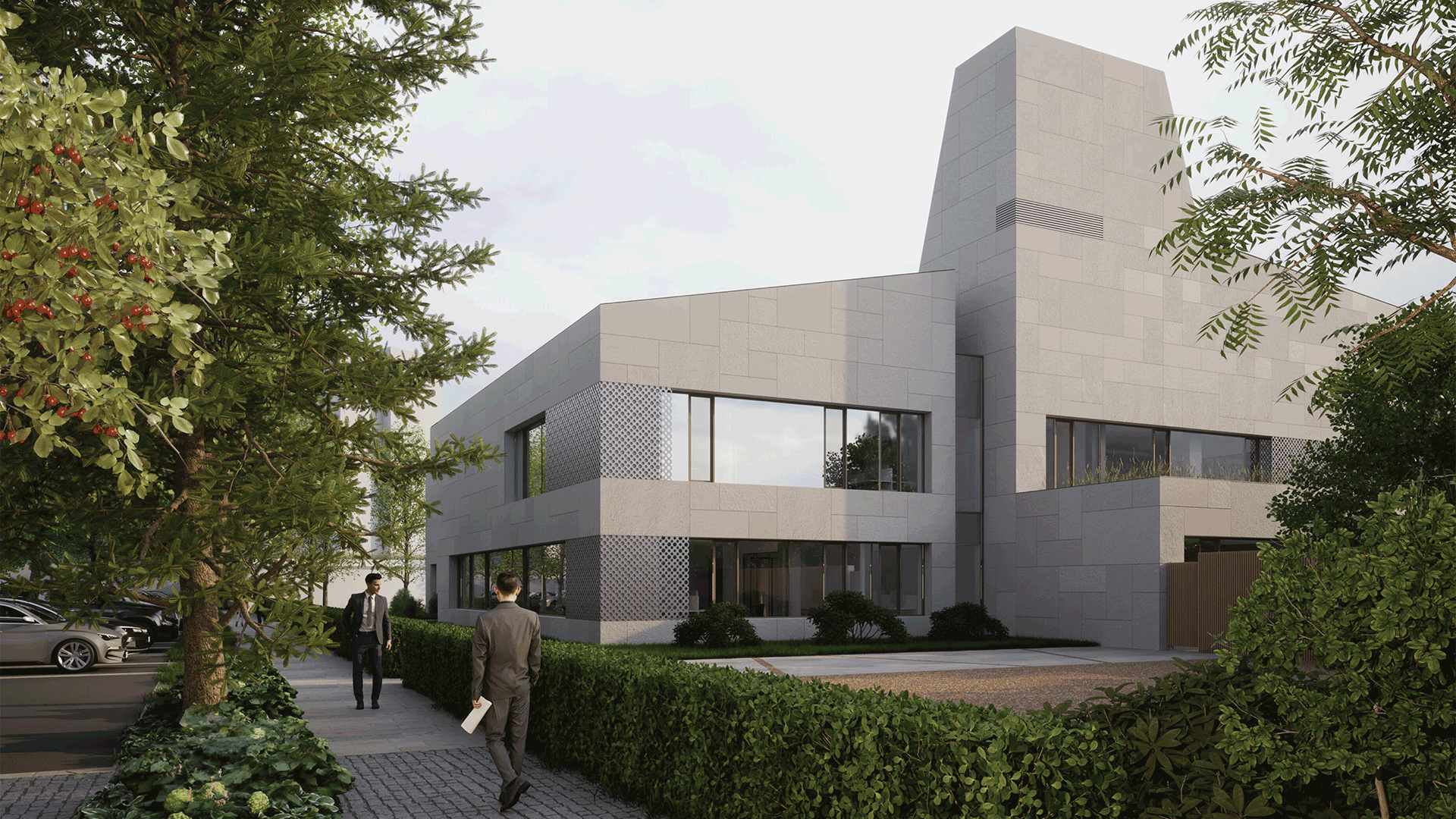 Impressie van het ambassadegebouw vanaf een van de zijkanten.