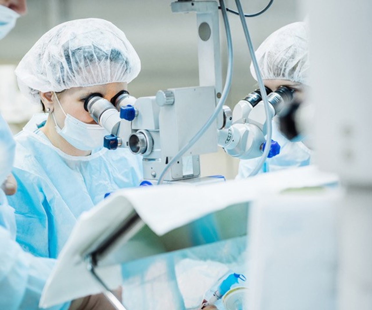 Een groep mensen kijkt door microscopen