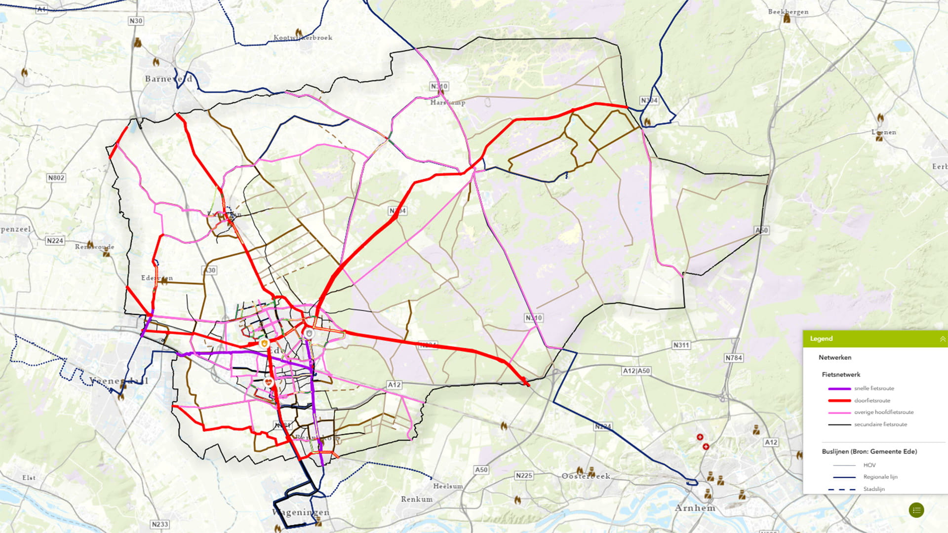 Kaart Ede met data van fietsnetwerk, buslijnen, nood- en hulpdiensten ten behoeve van GOW30-keuzes