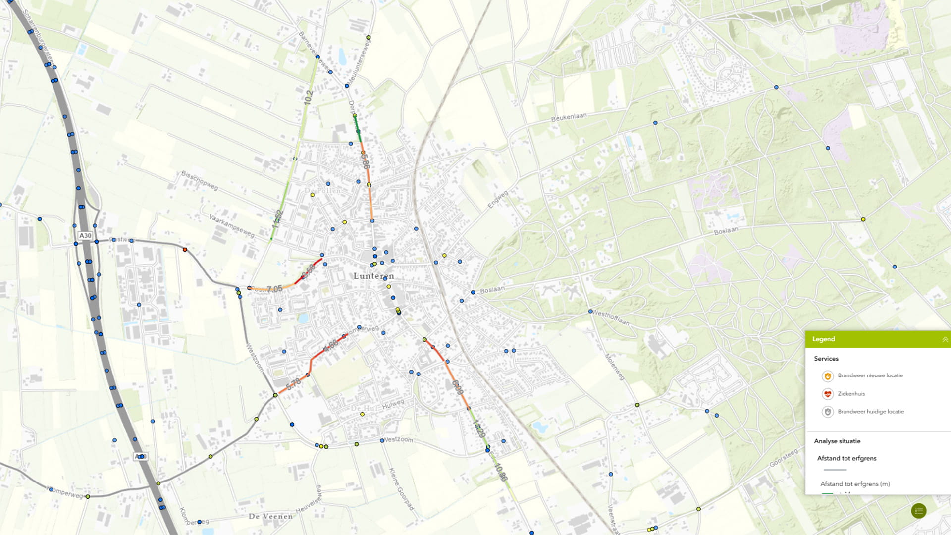 Kaart Ede met data van ongevallen en beschikbare ruimte ten behoeve van GOW30-keuzes