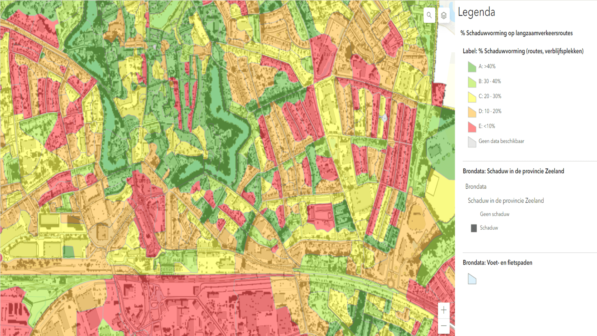 Thematische kaart uit de klimaatatlas Zeeland die klimaatbelasting en kansen voor klimaatadaptatie Zeeland visualiseert.