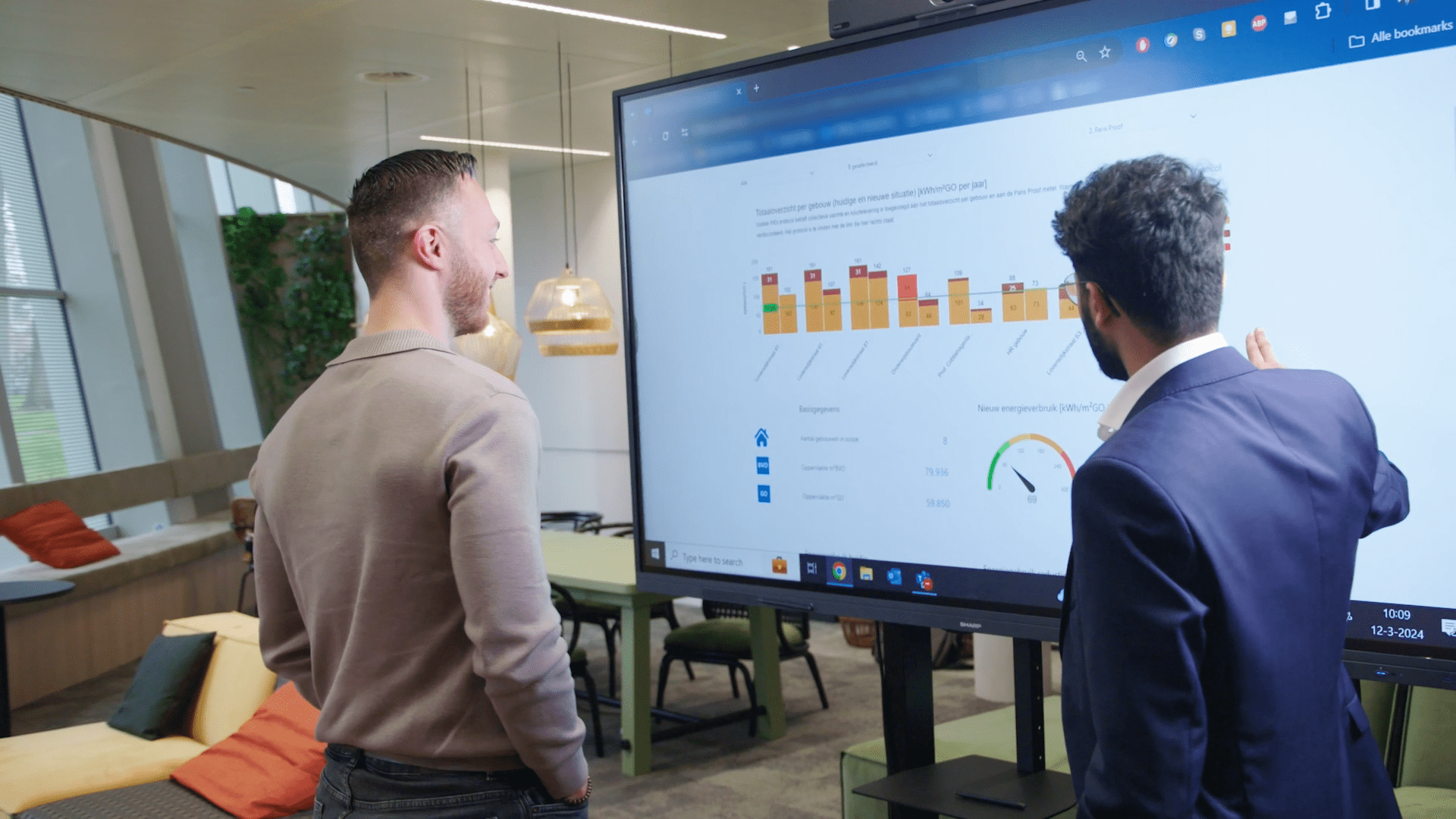 Mensen bij schermen voor duurzaam vastgoed analyse