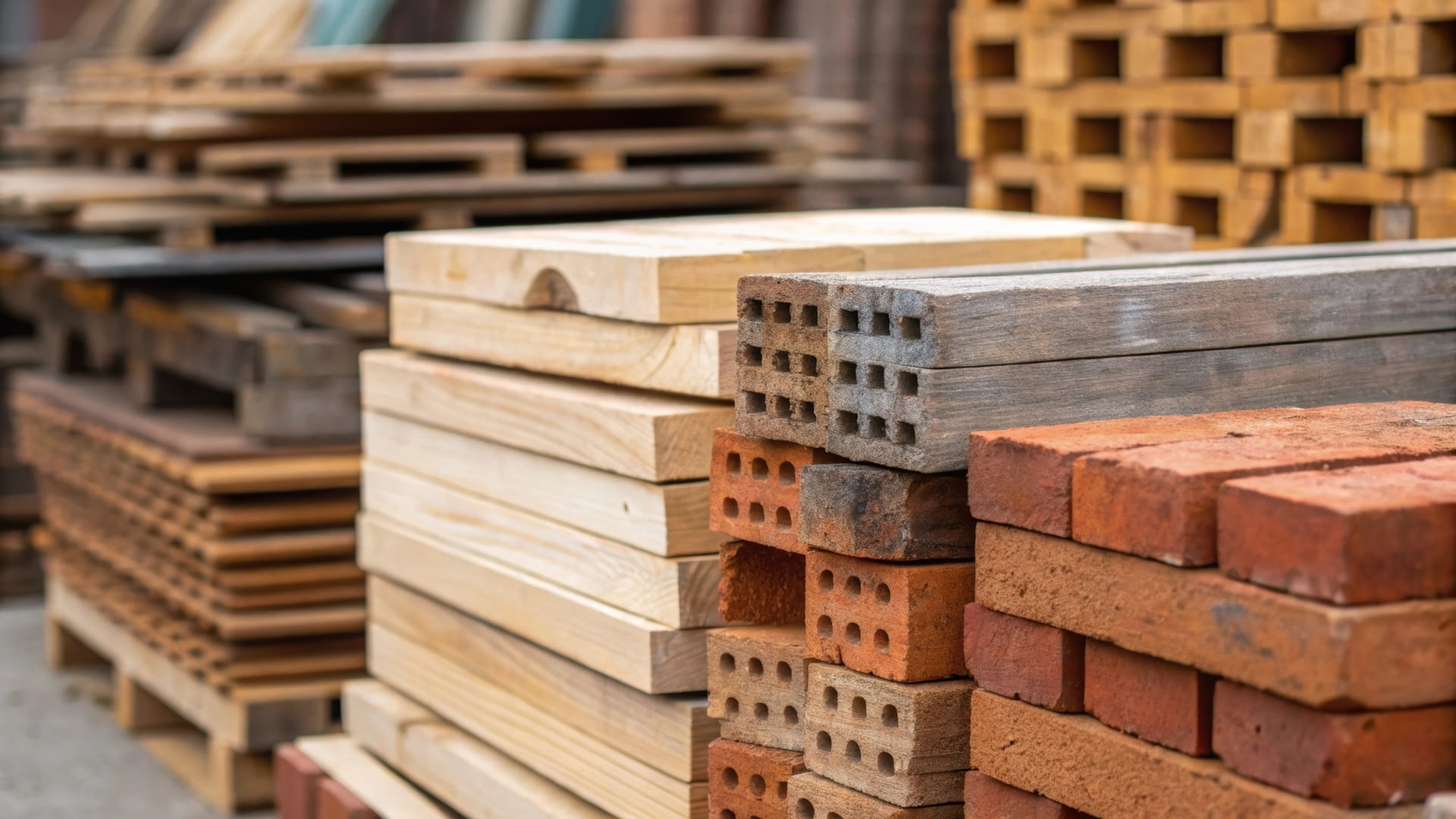 Reclaimed construction materials stacked for reuse