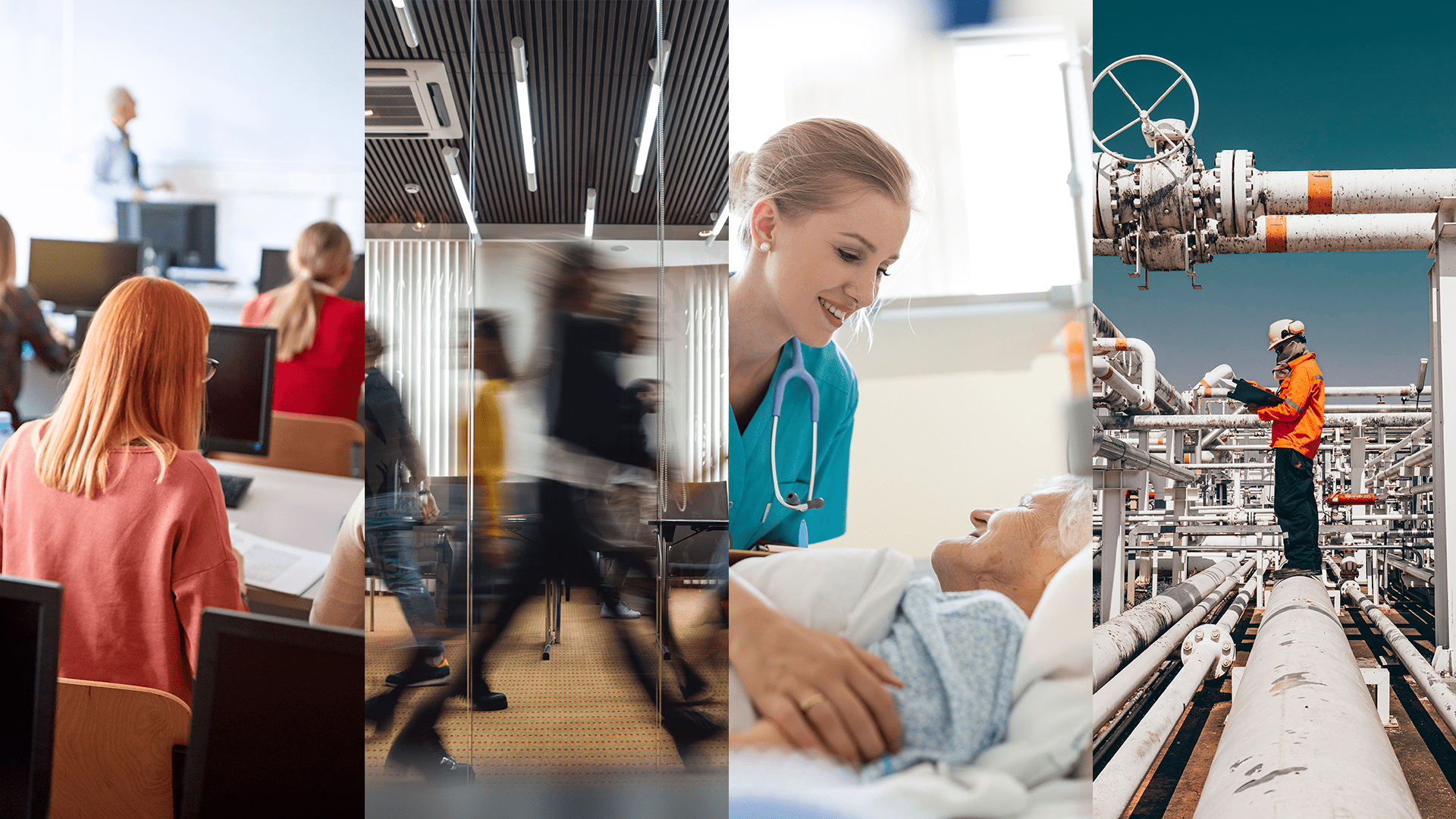 Mensen op een universiteit, in een kantoor, ziekenhuis en in de industrie