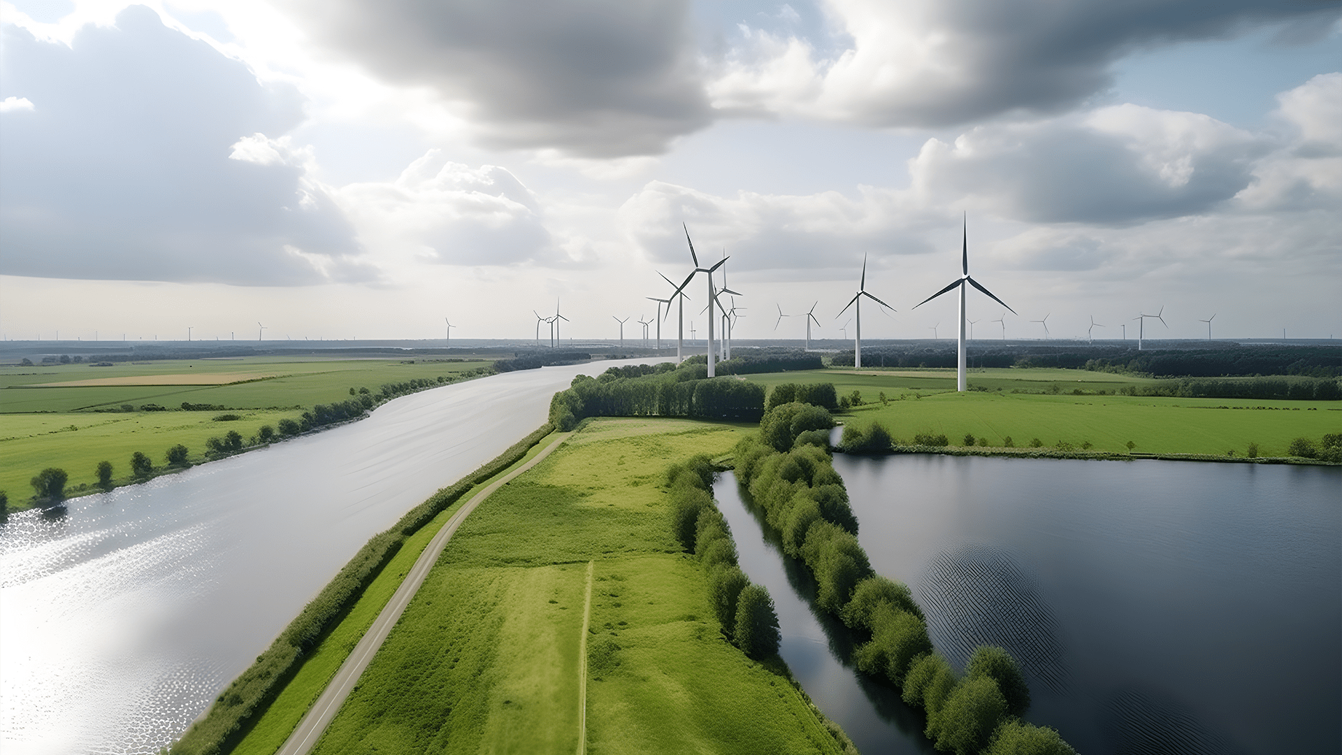 Landelijk gebied met rivier en windmolens in de achtergrond