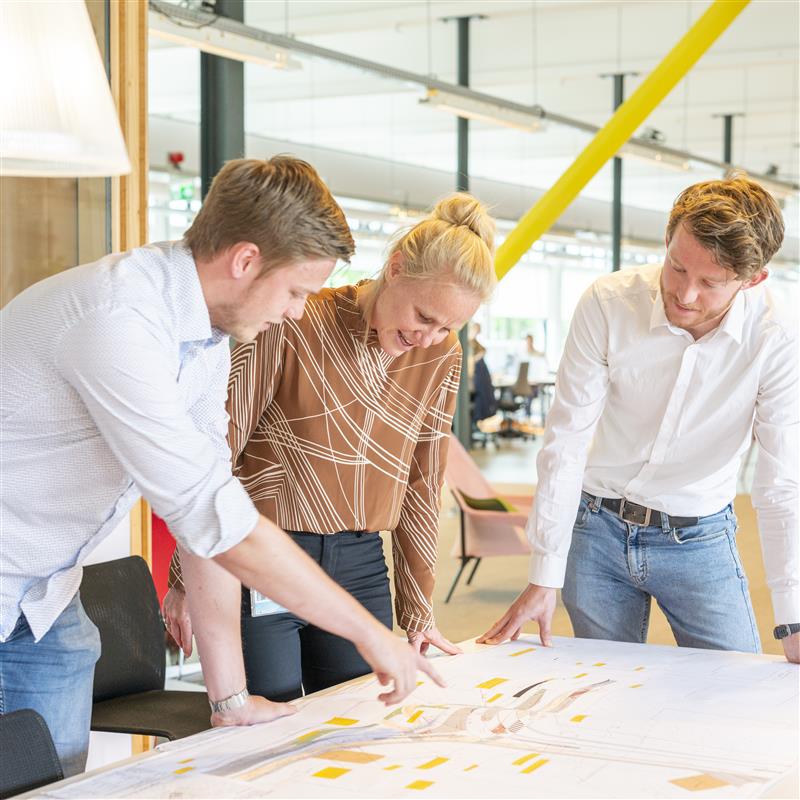 Foto van teamleden die samen aan een project werken