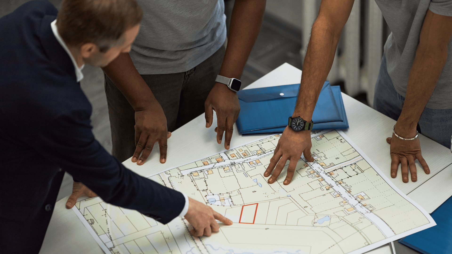 Afbeelding van mensen die bij een tafel staan en een ontwerp van een straat doornemen