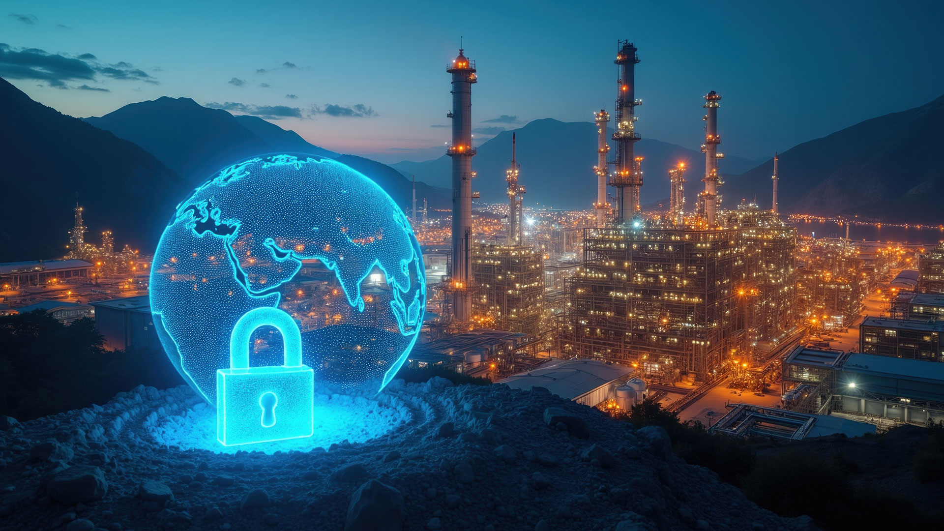 Digital globe with padlock symbol protects industrial oil refinery at night. Global energy infrastructure cybersecurity, OT network safety, secure oil and gas supply chain defense concept.