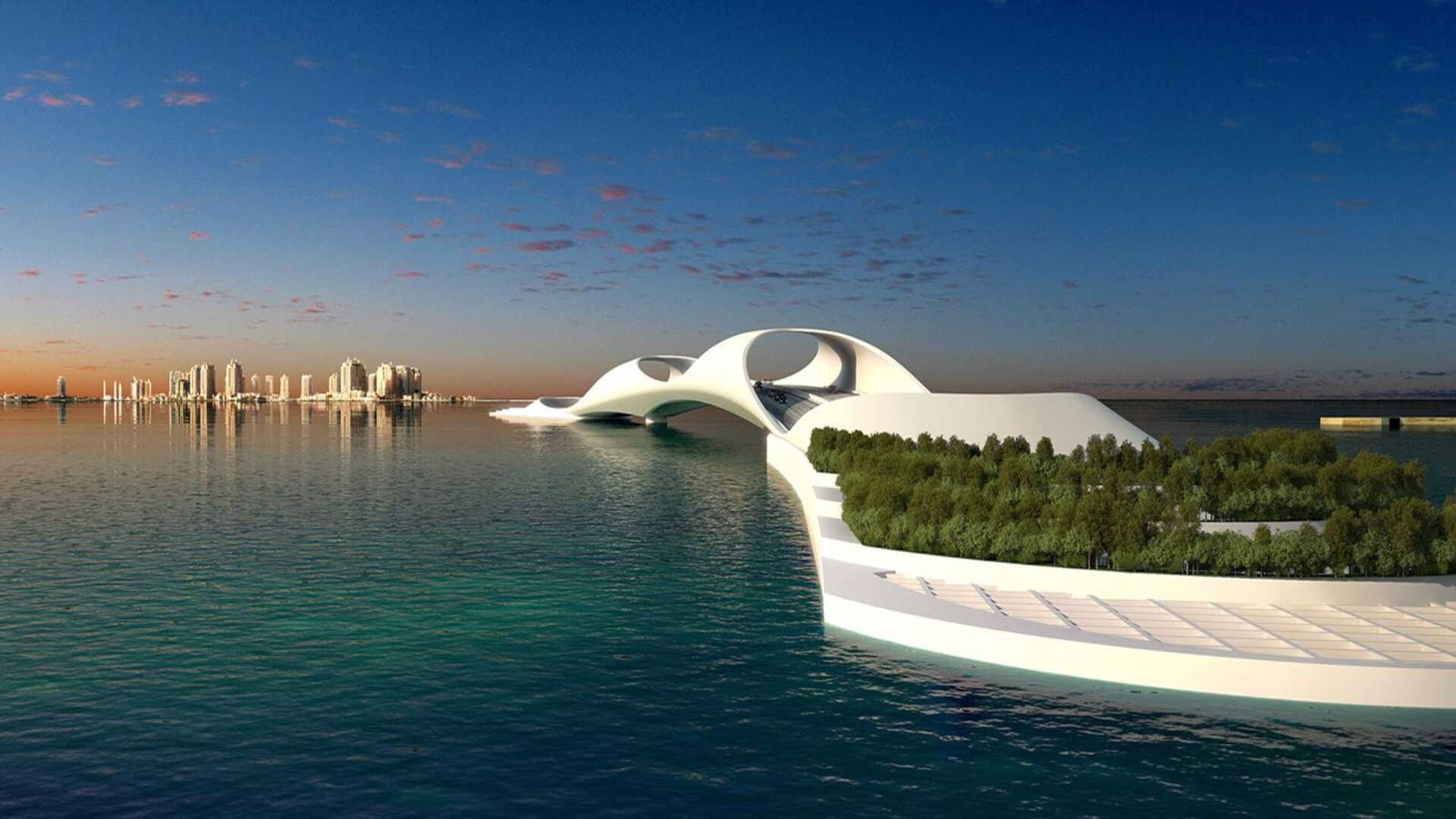 Moderne stad verbonden met een eiland door een tunnel met ondergrondse infrastructuur