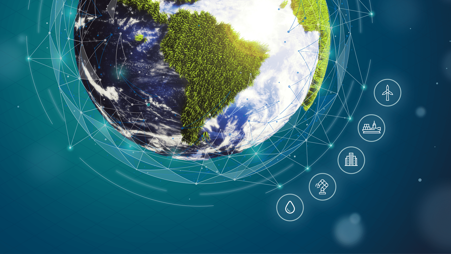 De wereldbol met een digitale laag eromheen heeft vijf iconen die de markten vertegenwoordigen waarin Twinn actief is: financiële dienstverlening, energie, industrie, maritieme technologie en watertechnologie.